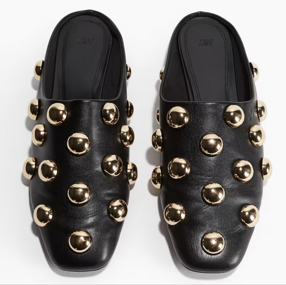 NWT H&M A/W 2024 Embellished Coated Mules Black/Gold-colored Sizes US 6, 7, 8, 9